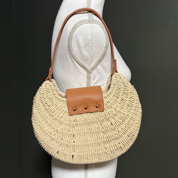 Lauren Conrad Natural Woven Straw Shoulder Bag Tan Faux Leather Flap Purse - Picture 4 of 6